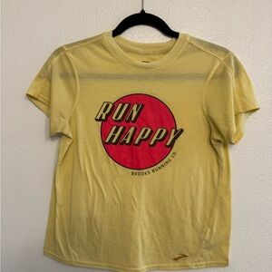 Brooks Yellow T-Shirt with Red 'Run Happy' Logo